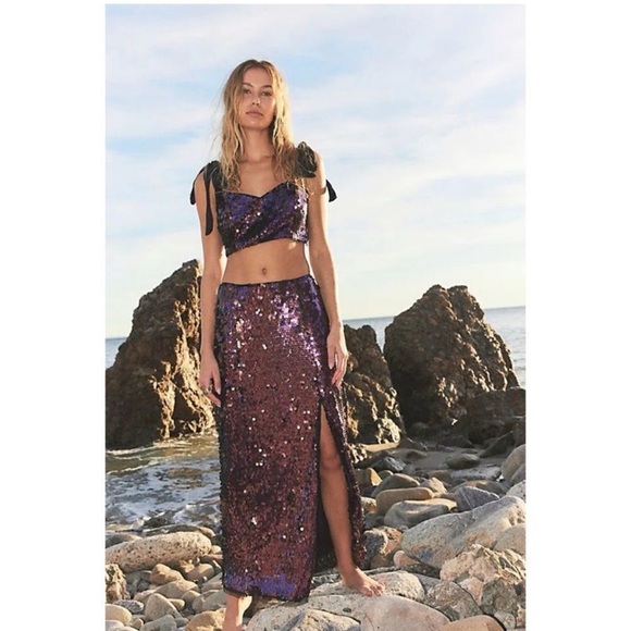 NWT Free People Star Bright Sequin Cropped Top & Maxi Skirt Set Lilac, Size 14 - Picture 2 of 10
